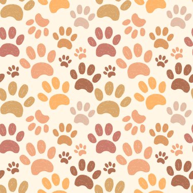 Pastel pençe izi kusursuz deseni şekillendirir. Retro tebeşirle ya da kömür desenli evcil hayvan pençesi şekilleriyle elle çizilmiş kusursuz desen. Kağıt üzerine çizim kılavuzu. 