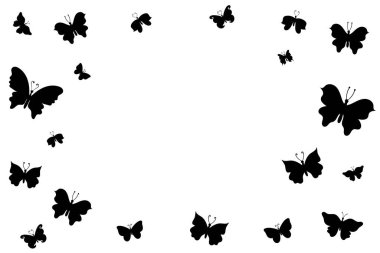 Kelebekler uçuşuyor, sınır düzenlemesi beyaz arka planda izole edilmiş. Pankartlar, baskı tasarımı, ambalajlar, posterler için rastgele dağılmış kelebek siluetleri