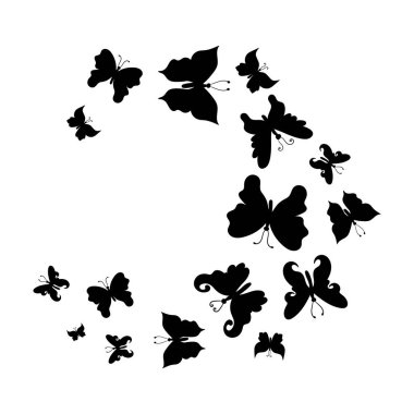 Beyaz arka planda izole edilmiş siyah kelebekler veya daire şeklinde siluetler. Pankartlar, baskı tasarımı, ambalajlar, posterler için zarif yarı daire tasarımında dağılmış kelebek siluetleri