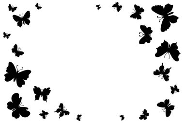 Kelebekler uçuşuyor, üst sınır düzenlemesi beyaz arka planda izole edilmiş. Pankartlar, baskı tasarımı, ambalajlar, posterler için rastgele dağılmış kelebek siluetleri