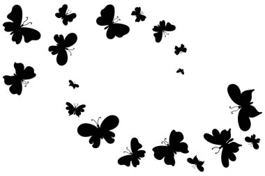 Kelebekler uçuşuyor, sarmal düzenleme beyaz arka planda izole edilmiş. Pankartlar, baskı tasarımı, ambalajlar, posterler için rastgele dağılmış kelebek siluetleri