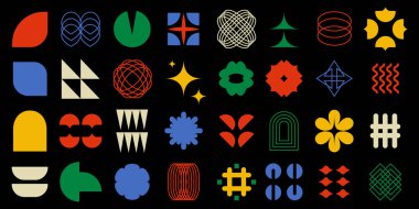 Soyut renkli geometrik şekiller ayarlandı. Acımasız çağdaş moda şekiller, y2k geçmişe dönük tasarım elemanları koleksiyonu. Pankart, poster, çıkartma, web siteleri için komik geometrik asgari figürler ve şekiller