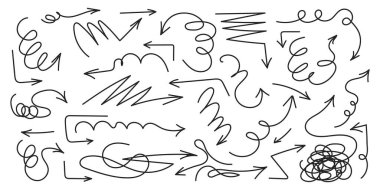 El çizimi siyah oklar hazır. Kavisli ve kıvrımlı oklar. Organik yön belirleyici simgeleri. Dekorasyon, eğitim ve evlilik sözleşmeleri için birçok farklı karalama çizgisi oku koleksiyonu.