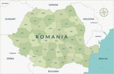 Bölgeler sınırı, isim kısaltmaları ve komşu ülkelerle birlikte ayrıntılı Romanya siyasi haritası. Romanya 'nın sunum, poster, rapor ve bilgi tasarımları haritası