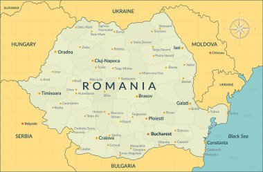 Bölgeler, büyük şehirler ve komşu ülkelerle ilgili ayrıntılı Romanya siyasi haritası. Romanya sunum, poster, rapor ve bilgi grafikleri haritası. Vektör illüstrasyonu