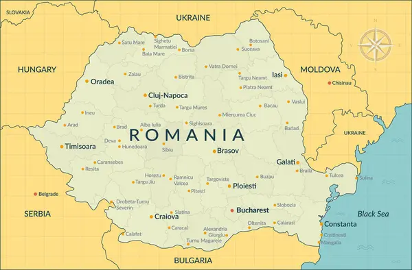 Bölgeler, büyük şehirler ve komşu ülkelerle ilgili ayrıntılı Romanya siyasi haritası. Romanya sunum, poster, rapor ve bilgi grafikleri haritası. Vektör illüstrasyonu