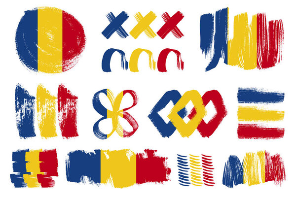 Мазки румынского флага к национальному дню Румынии. День независимости гранж румынские флаги, установленные на белом фоне. 