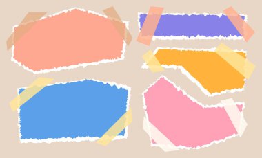 Yapıştırıcı bantlı Kağıt Not Belgesi. İskoç bantlı yırtık kağıt çarşaflar. Çağdaş Sanat Kolajı Kağıt Çarşafları. Parçalanmış kağıt şeritleri