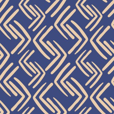 El çizimi geometrik chavron dikişsiz desen, bej ve mavi renkler. Kumaşlar için soyut boho geometrik çizgiler deseni, lacivert üzerine ambalaj kağıdı.