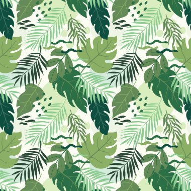 Yaz tropikal yaprakları pürüzsüz. Palmiye yapraklı egzotik orman deseni, canavar, eğreltiotu kumaşlar için muz yaprağı, baskı, tebrik kartları, tekstil, ambalaj kağıdı, ambalaj kağıdı. Beyaz arkaplan