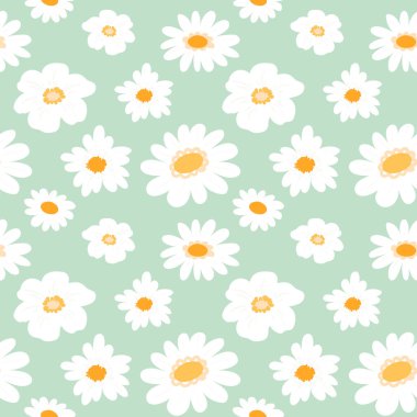 Çiçek desenli açık yeşil arka planda papatya çiçekleri. Tekstil, kumaş, ambalaj kağıdı, parmak izi, ev dekorasyonu için düz papatya deseni. Vektör illüstrasyonu