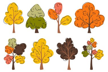 Düz çizilmiş ağaç koleksiyonu. Sanatsal sonbahar ağaçları ayarlandı. Sonbahar orman ağaç simgeleri turuncu, sarı ve kahverengi renklerde. Orman karalama sembolleri yerleştirildi. Vektör illüstrasyonu