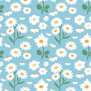 Mavi arka planda papatya çiçekleri pürüzsüz desen. Düz yaratıcı papatya çiçekleri kumaşlar, tekstil, ambalaj, baskılar, ev dekorasyonu için çiçek başı deseni.