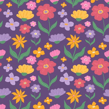 Renkli çiçek vektörü kusursuz desen. Soyut kır çiçekleri ve el yapımı desenler. Tekstil, çocuklar, kumaşlar, dekor, baskı tasarımı, kartlar, ambalaj için bahar çiçeği deseni. Vektör illüstrasyonu