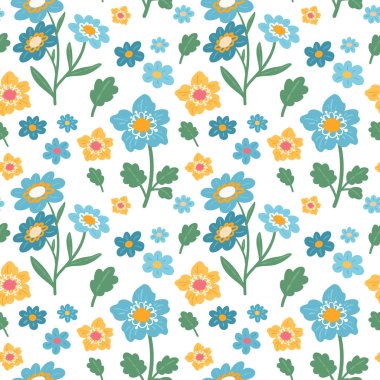 Beyaz arka planda mavi ve sarı çiçek desenleri var. Şirin kır çiçekleri ve yapraklı el yazları çizilmiş. Tekstil, çocuklar, kumaşlar, dekor, baskı tasarımı, kartlar için bahar çiçeği deseni