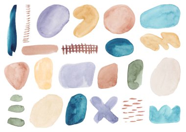 Soyut suluboya elementleri şekillendirir. Minimum modern el yapımı dekorasyon şekilleri. Organik suluboya lekeleri ve boyama şekilleri. 