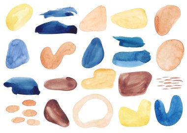 Soyut suluboya elementleri şekillendirir. Minimum modern el yapımı dekorasyon şekilleri. Organik suluboya lekeleri ve boyama şekilleri. 