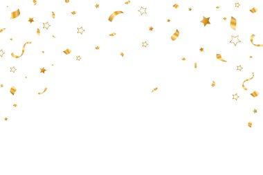 Altın Konfeti Arkaplanı. Bayram Partisi, Tebrik Kartı veya Davetiyesi İçin Düşen Yıldızlar ve flamalarla Lüks Kutlama Çerçevesi. 