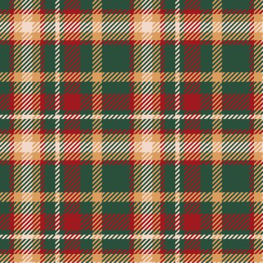 Noel Ekoseli Şekilsiz Şablon. Tekstil, kumaş, baskı, moda ve ambalaj için kırmızı, bej ve yeşil tatil ekose desenli desenler. Vektör illüstrasyonu