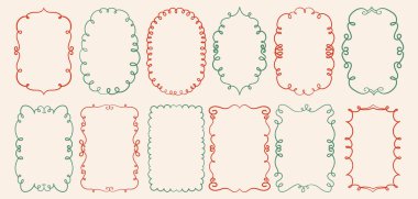 El Çizimi Noel Vintage Frames Set. Noel ve Yeni Yıl Sınır Çerçeveleri. Garip Mutlu Noeller Sanat Çerçeveleri. Vektör illüstrasyonu