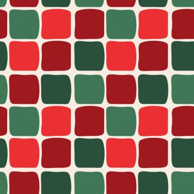 Kalın kırmızı ve yeşil kare ekose desenli, modern geometrik tarzda. Ambalaj kağıdı, tatil tekstili, arka plan ve festival tasarım projeleri için harika..