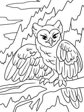 Bir baykuş bir dalda oturuyor, dağların ve ormanın arka planına karşı. Çocuklar resim boyama, siyah vuruş, beyaz arkaplan.