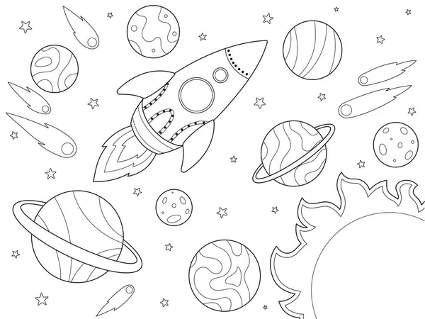 Weltraum Und Raumschiff Kinder Malen Schwarzer Strich Weißer Hintergrund Raster — Stockfoto