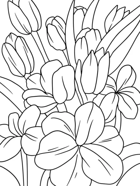 Ramillete Flores Conjunto Tulipanes Niños Imagen Para Colorear Trazo Negro — Foto de Stock