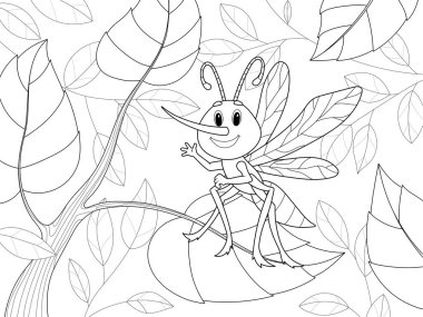 Neşeli böcek, ağaç dalları arasında sivrisinek. Çocuklar resim boyama, siyah çizgi, beyaz arka plan. Vektör illüstrasyonu.