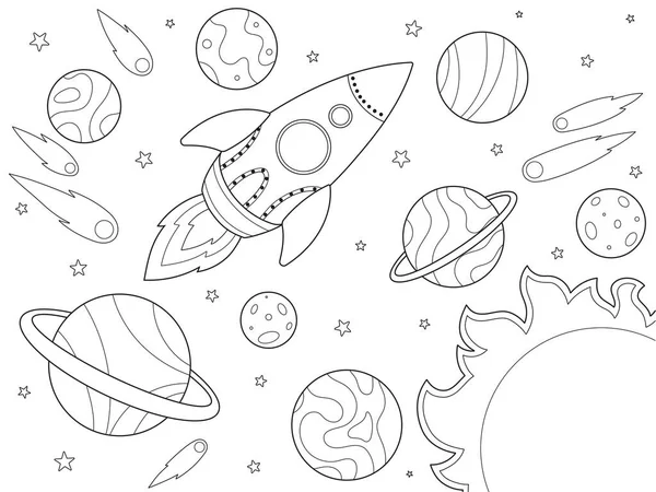 Weltraum Und Raumschiff Kinder Malen Schwarzer Strich Weißer Hintergrund Vektorillustration — Stockvektor