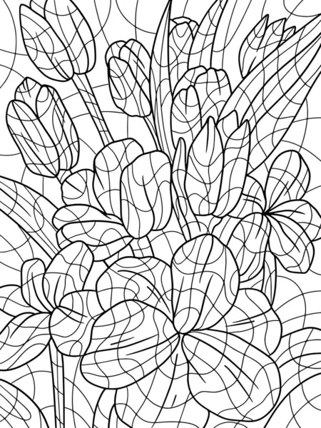 Blumenstrauß Tulpenset Antistress Malseite Für Erwachsene Mit Doodle Und Zentangle — Stockvektor