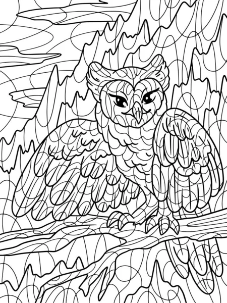 山や森を背景に フクロウが枝に座っています ドアとゼンタングル要素と大人の抗ストレス着色ページ — ストック写真