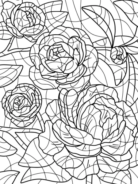 美丽的黑色和白色的花束 玫瑰和树叶 背景上的植物安排 手绘素描 适用于成人的带涂鸦和纠结元素的抗压着色页 着色图书矢量 — 图库矢量图片