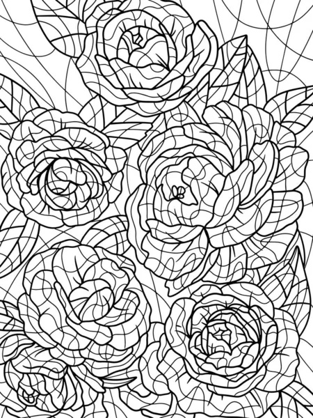 Rózsa Virágok Virágmintás Háttér Szabadkézi Vázlat Felnőtt Antistress Színező Oldal — Stock Fotó