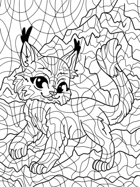 Cute lynx kitten. Freehand sketch for adult antistress coloring page with doodle and zentangle elements. Coloring book raster illustration.