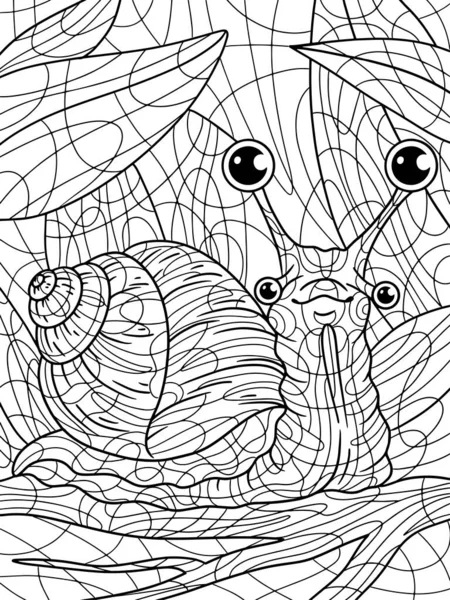 Four eyed snail in the grass. Freehand sketch for adult antistress coloring page with doodle and zentangle elements. Coloring book raster illustration.