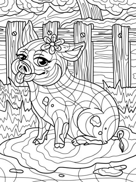 Cochon Joyeux Assis Dans Une Flaque Eau Montre Langue Contexte — Photo