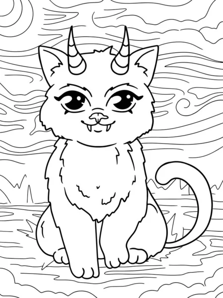 Şeytan Kedicik Cehennem Kedisi Çocuk Boyama Kitabı Raster Illüstrasyonu — Stok fotoğraf