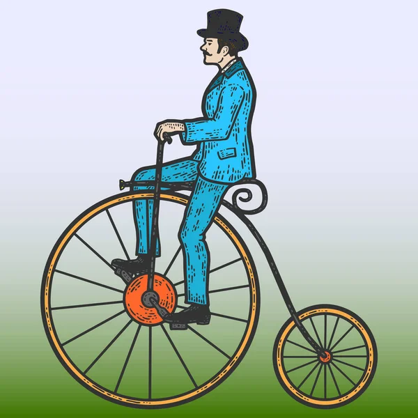 Vintage Man High Bike Penny Farthing Sketch Scratch Board Imitation — Stock Vector