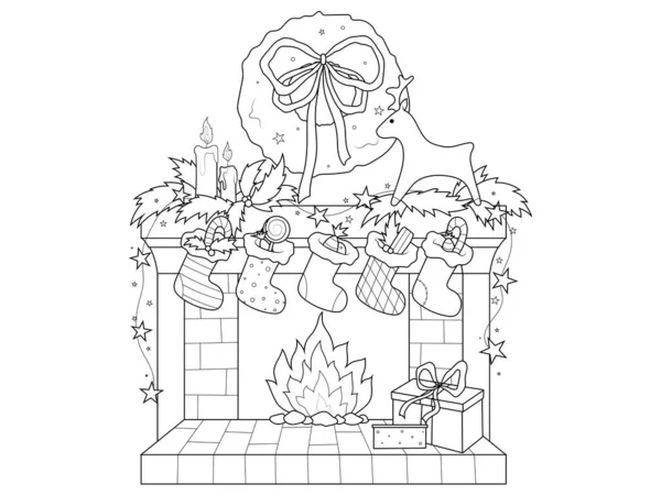 靴下や装飾付きのクリスマス暖炉 子供のぬり絵 ベクターイラスト — ストックベクタ