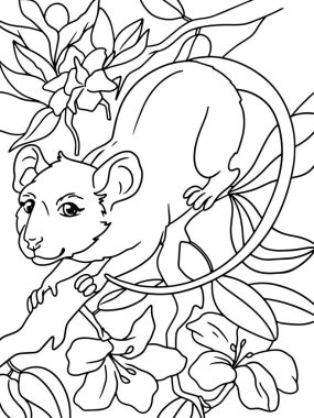 Ağaç dalındaki fare, çiçek açan ağaç. Çocuk boyama kitabı. Raster illüstrasyonu.