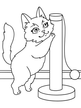 Kedi tırmalama direğinde pençelerini keskinleştirir. Raster boyama kitabı.
