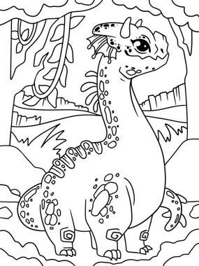 Komik oyun ejderhası. Arka plan tropik ormanları. Çocuk boyama kitabı. Raster illüstrasyonu.