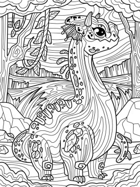 Komik oyun ejderhası. Arka plan tropik ormanları. Çocuklar ve yetişkinler için stres önleyici. Beyaz arka planda resim. Zen-karmaşası tarzı. El çizimi