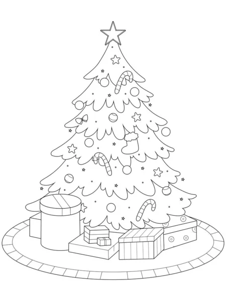 木の下のおもちゃ おもちゃで飾られたクリスマスツリー 孤立したオブジェクト ベクトル図 黒い線 白い背景 — ストックベクタ