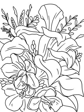 Egzotik çiçek buketi. Çiçek boyama kitabı veya sayfa vektörünü karala