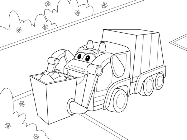 Coloring page of cute Garbage Truck cartoon character side view transportations for preschool kids activity educational worksheet. Raster Illustration.