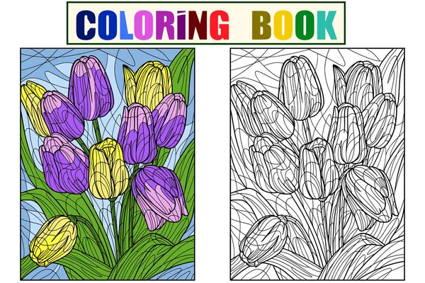 Flowers tulips example. Set Color and coloring book antistress. Zen-tangle style. Raster