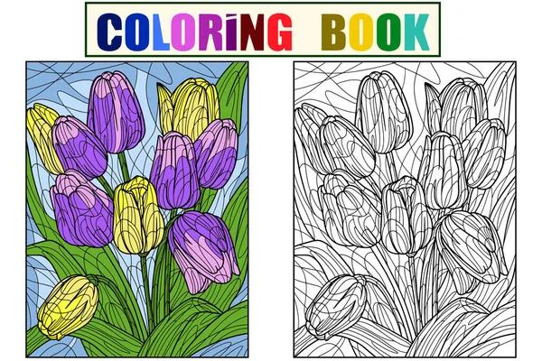 Flowers tulips example. Set Color and coloring book antistress. Zen-tangle style. Vector