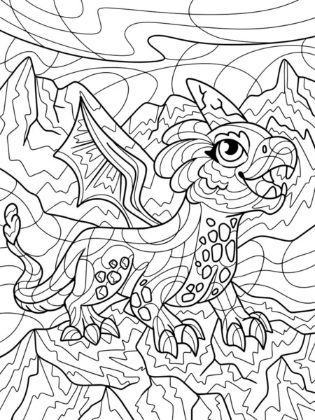 Cute dragon with wings. Antistress for children and adults. Illustration on white background. Zen-tangle style. Hand draw